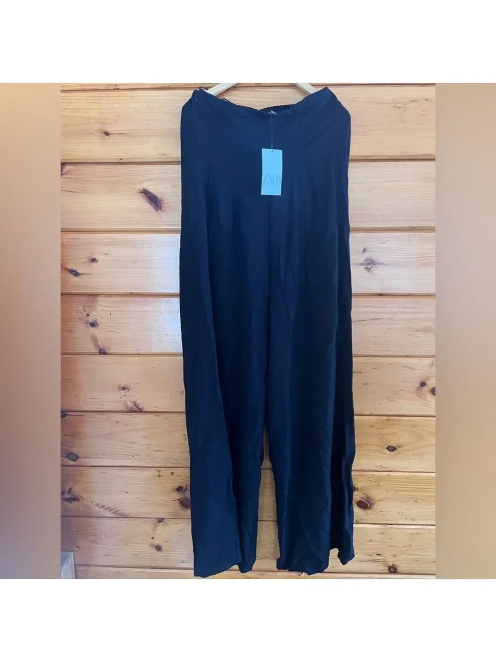 ZARA BLACK STRAPLESS LINEN BLEND JUMPSUIT WIDE LEG S